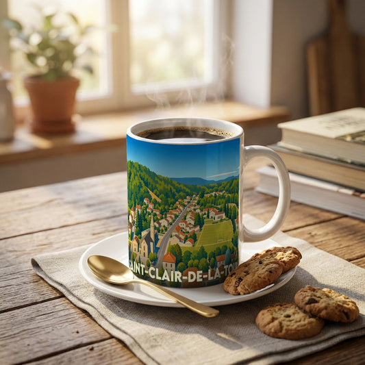 Mug souvenir de la ville de Saint-Clair-de-la-Tour avec une illustration colorée et stylisée du village.