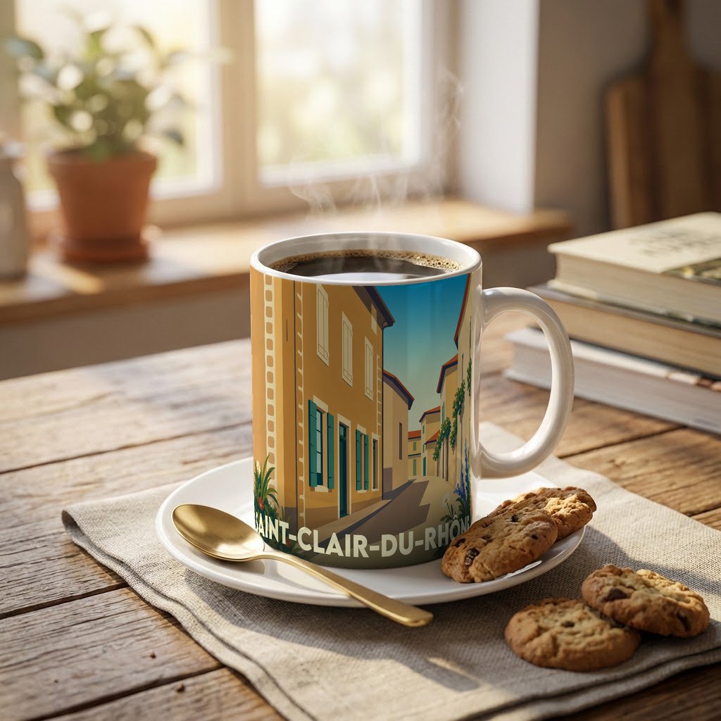 Mug souvenir de la ville de Saint-Clair-du-Rhône illustré par une rue pittoresque dans un style affiche de voyage.