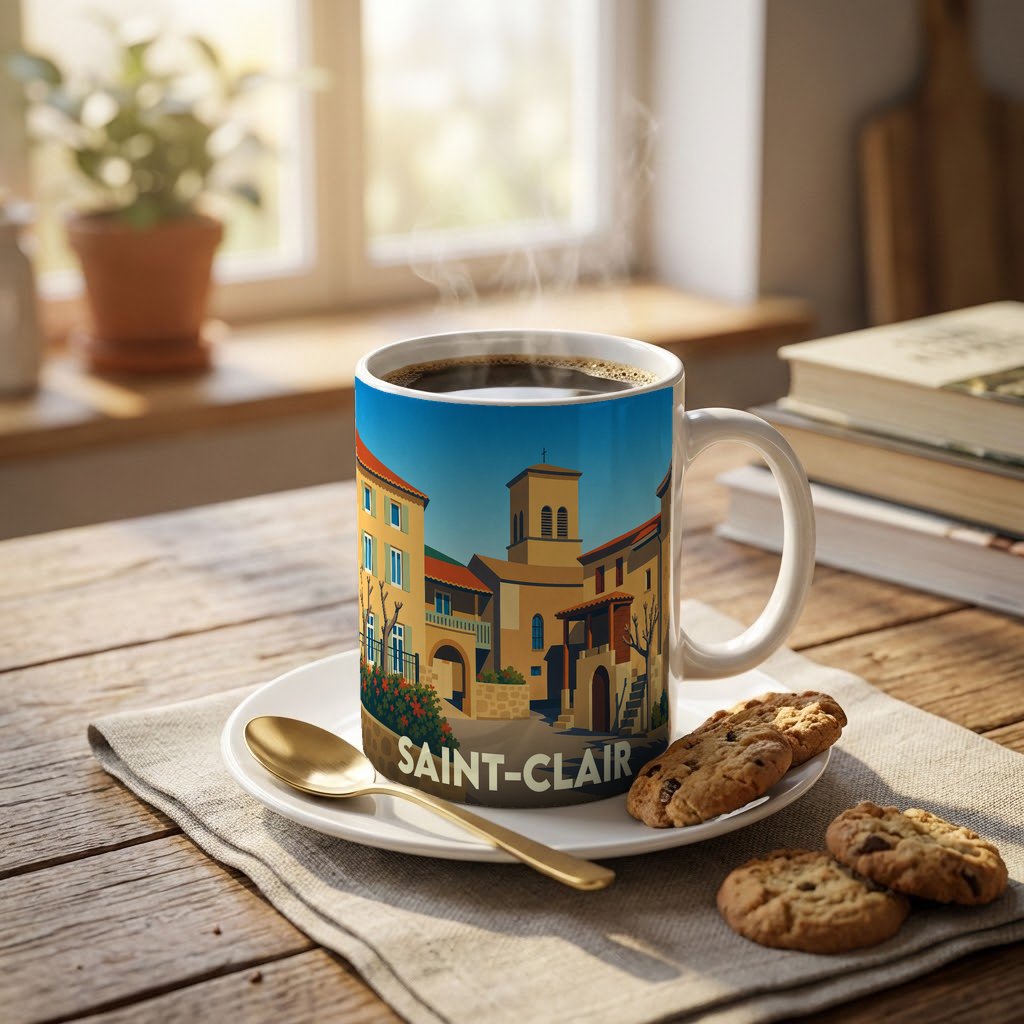 Mug souvenir de la ville de Saint-Clair orné d'une illustration stylisée de ses bâtiments provençaux.