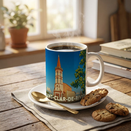 Mug souvenir de la ville de Saint-Clar-de-Rivière orné d'une illustration stylisée de son église.