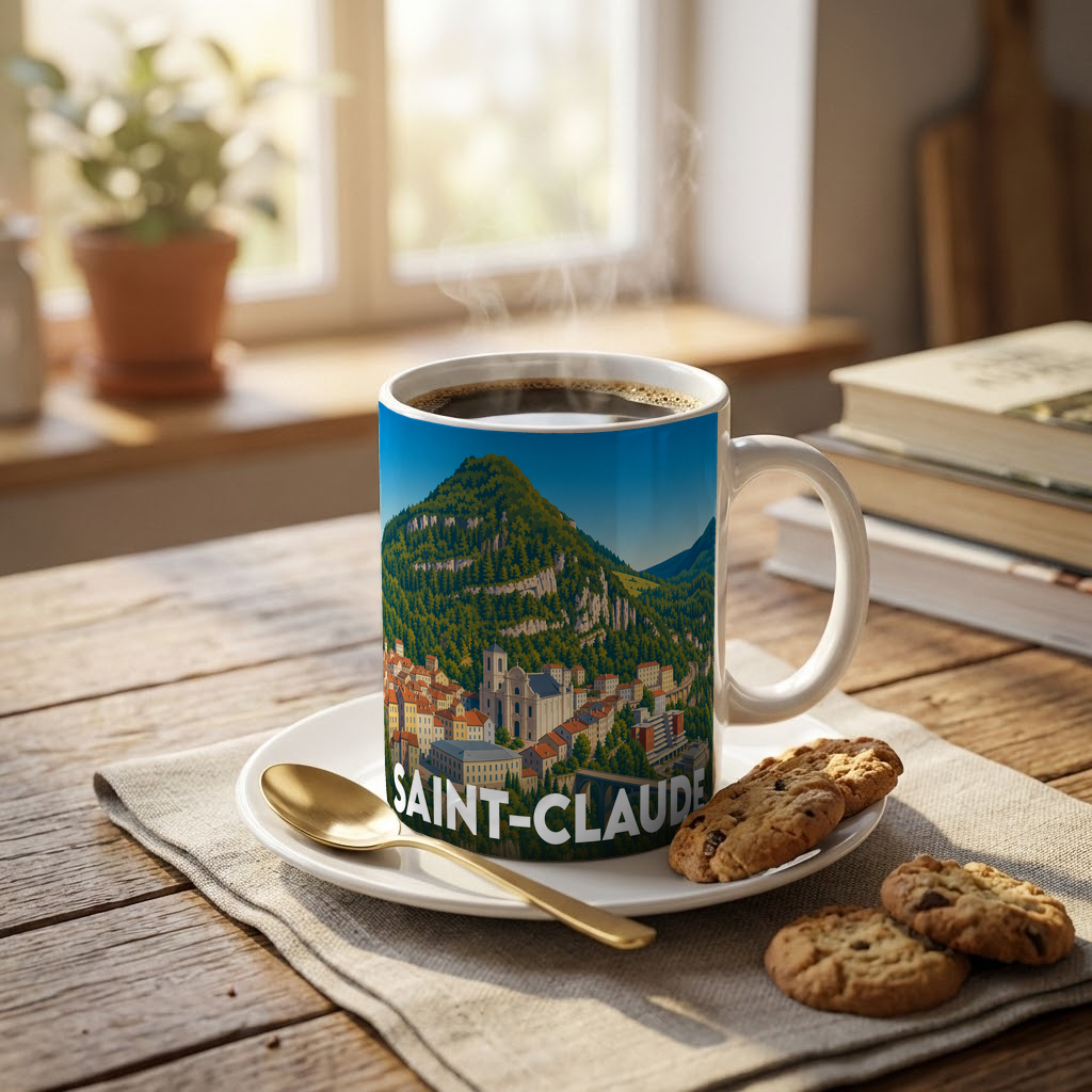 Mug souvenir de la ville de Saint-Claude arborant une illustration stylisée de ses paysages montagneux.
