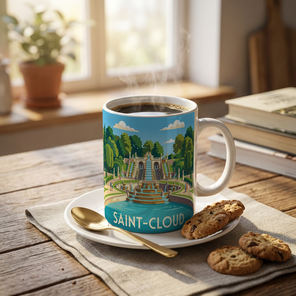 Mug souvenir de la ville de Saint-Cloud avec une illustration stylisée de son parc et de ses fontaines.