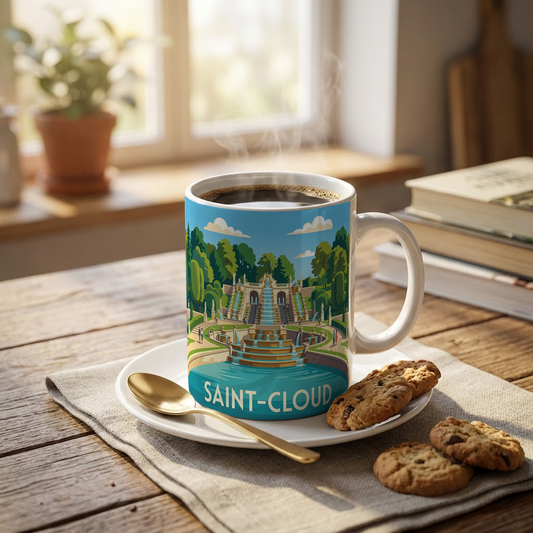 Mug souvenir de la ville de Saint-Cloud avec une illustration stylisée de son parc et de ses fontaines.