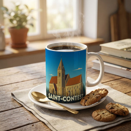 Mug souvenir de la ville de Saint-Contest avec une illustration stylisée de son église.