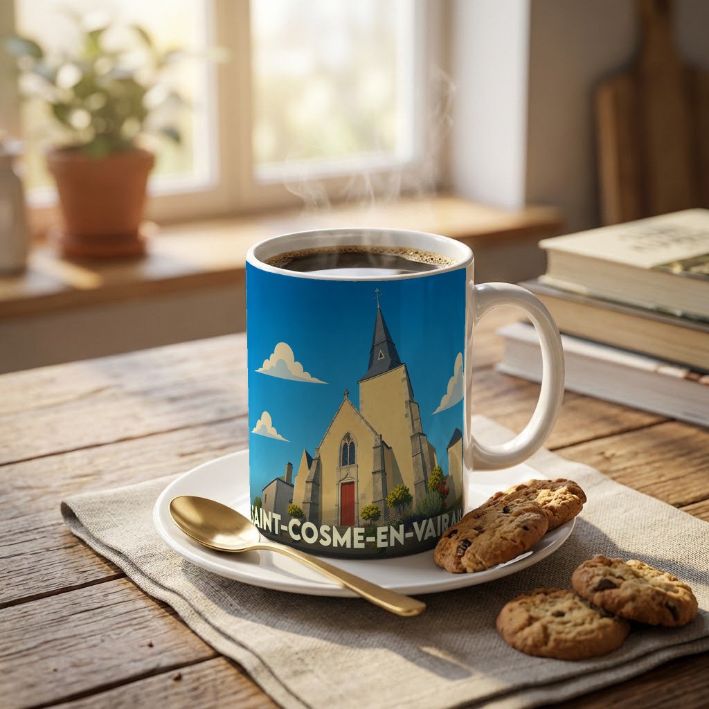 Mug souvenir de la ville de Saint-Cosme-en-Vairais orné d'une illustration stylisée de son église.