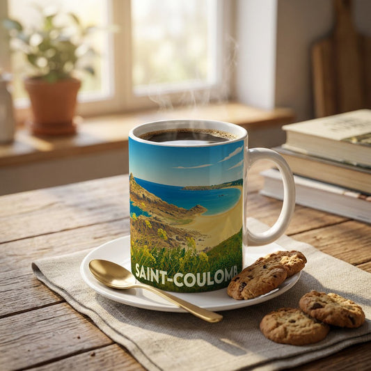 Mug souvenir de la ville de Saint-Coulomb illustré d'un paysage côtier stylisé.