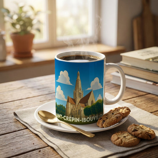Mug souvenir de la ville de Saint-Crépin-Ibouvillers avec une illustration stylisée de son église.