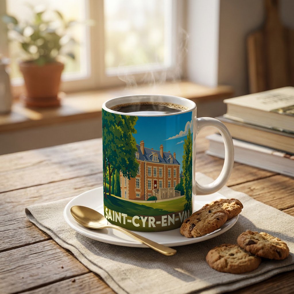 Mug souvenir de la ville de Saint-Cyr-en-Val avec une illustration stylisée d'un château.