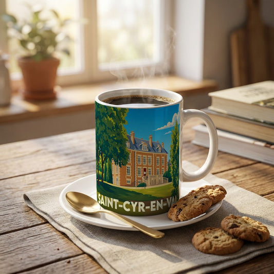 Mug souvenir de la ville de Saint-Cyr-en-Val avec une illustration stylisée d'un château.