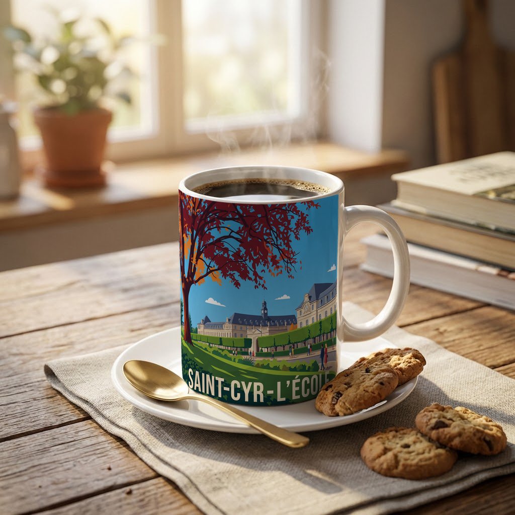 Mug souvenir de la ville de Saint-Cyr-l'École avec une illustration stylisée.