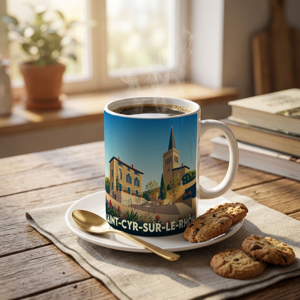 Mug souvenir de la ville de Saint-Cyr-sur-le-Rhône orné d'une illustration stylisée de son église et de ses maisons.