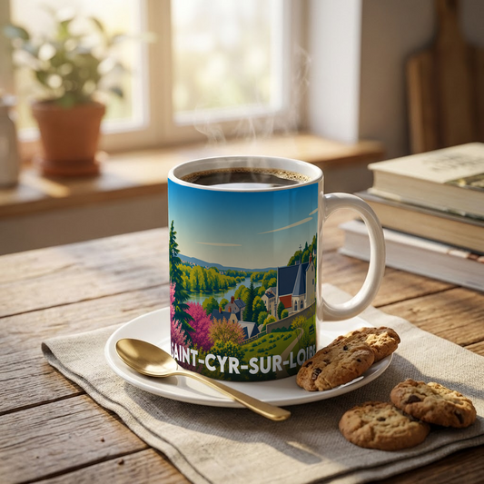 Mug souvenir de la ville de Saint-Cyr-sur-Loire avec une illustration stylisée de paysage.