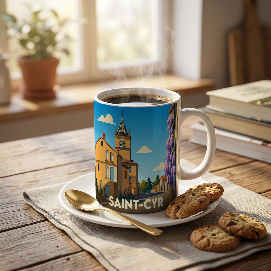 Mug souvenir de la ville de Saint-Cyr avec une illustration stylisée d'un clocher et de maisons provençales.