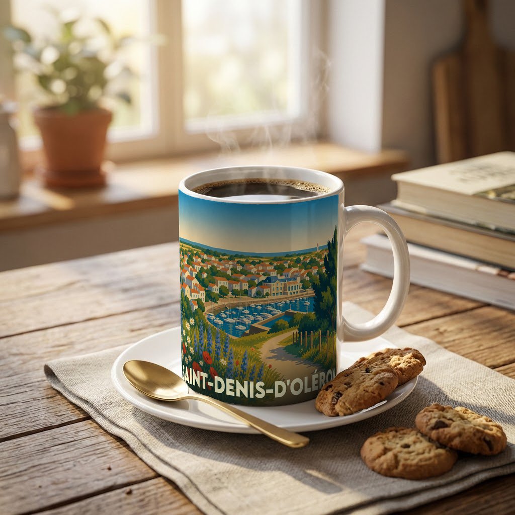 Mug souvenir de la ville de Saint-Denis-d'Oléron avec une illustration stylisée de son port.