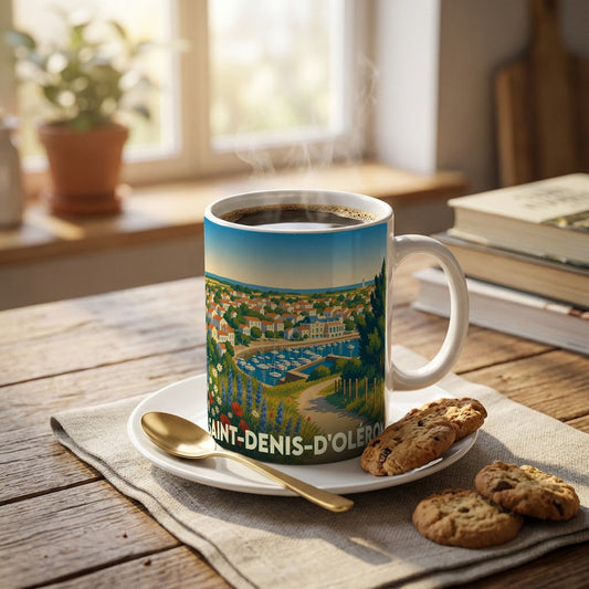 Mug souvenir de la ville de Saint-Denis-d'Oléron avec une illustration stylisée de son port.