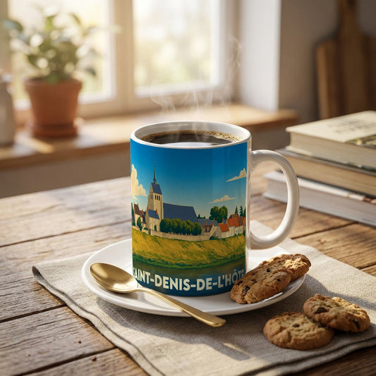 Mug souvenir de la ville de Saint-Denis-de-l'Hôtel avec une illustration stylisée de son église et des bords de Loire.