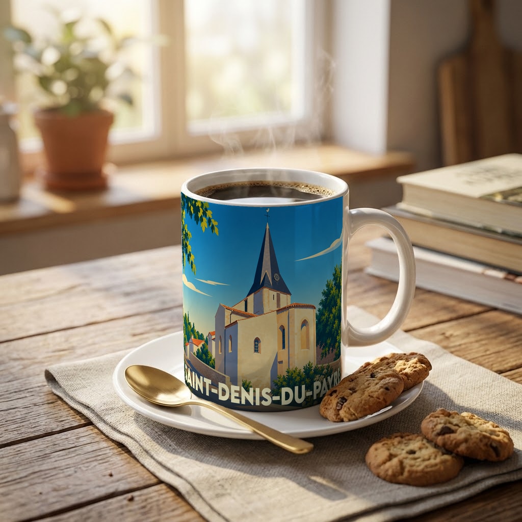 Mug souvenir de la ville de Saint-Denis-du-Payré orné d'une illustration stylisée de son église.