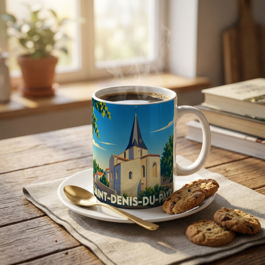 Mug souvenir de la ville de Saint-Denis-du-Payré orné d'une illustration stylisée de son église.