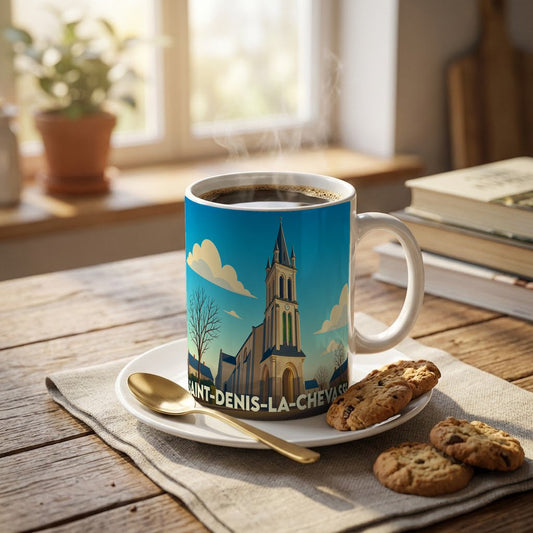 Mug souvenir de la ville de Saint-Denis-la-Chevasse orné d'une illustration stylisée de son église.