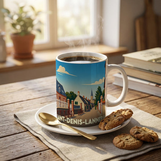 Mug souvenir de la ville de Saint-Denis-Lanneray avec une illustration stylisée.
