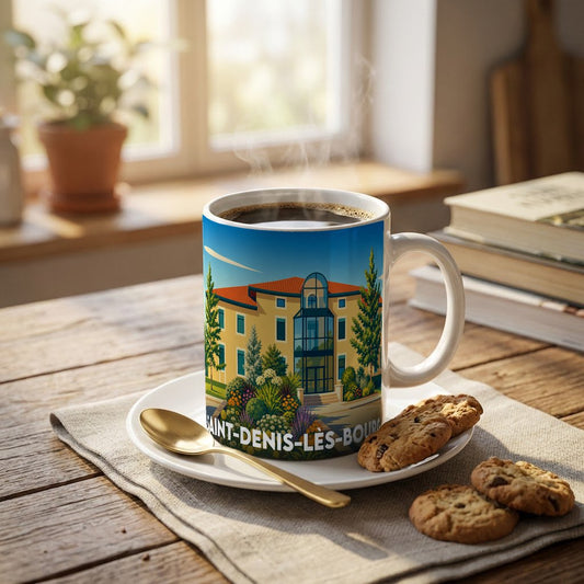 Mug souvenir de la ville de Saint-Denis-lès-Bourg avec une illustration stylisée d'un bâtiment remarquable.