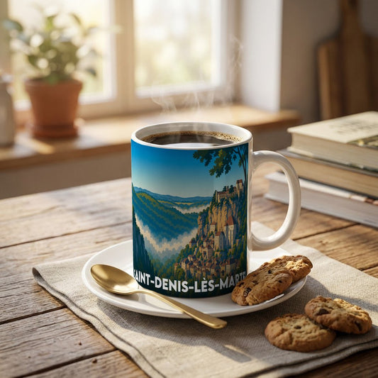 Mug souvenir de la ville de Saint-Denis-lès-Martel avec une illustration stylisée.
