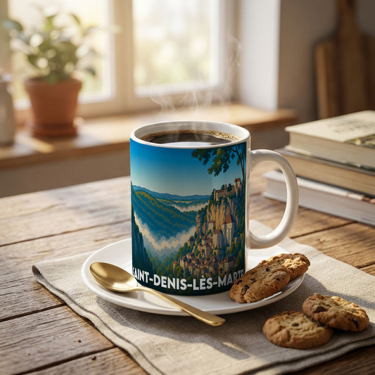 Mug souvenir de la ville de Saint-Denis-lès-Martel avec une illustration stylisée.