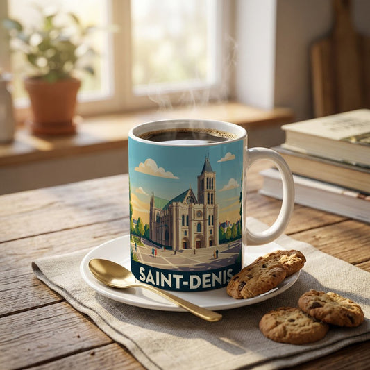 Mug souvenir de la ville de Saint-Denis avec une illustration stylisée de sa basilique.