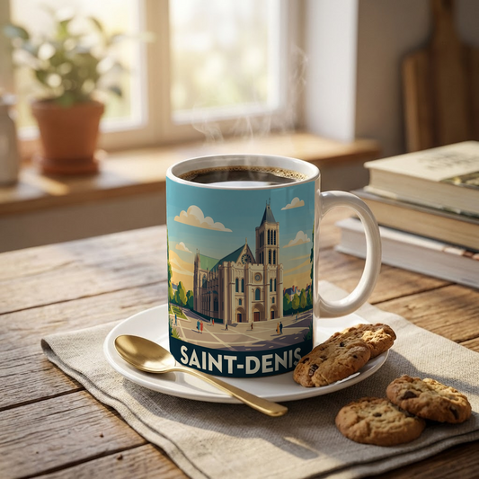 Mug souvenir de la ville de Saint-Denis avec une illustration stylisée de sa basilique.
