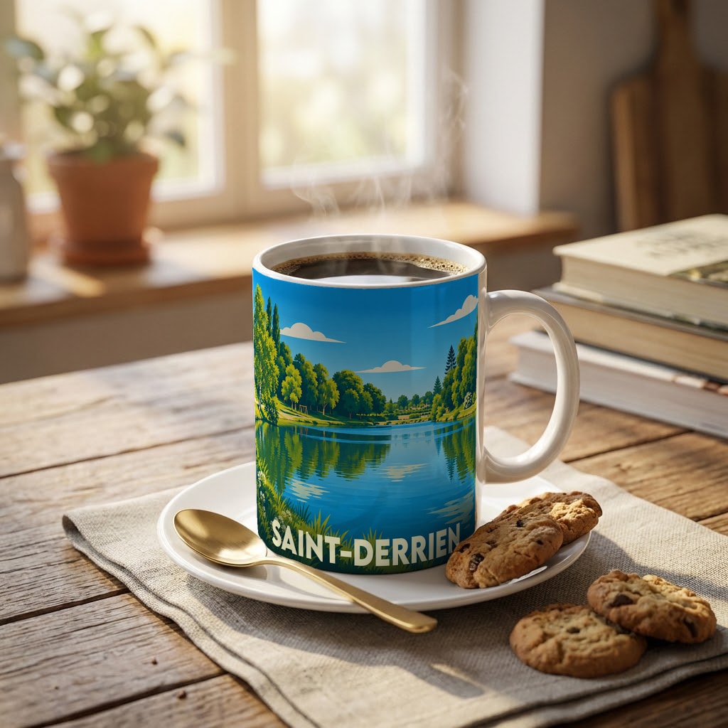 Mug souvenir de la ville de Saint-Derrien orné d'une illustration stylisée de lac et de forêt.