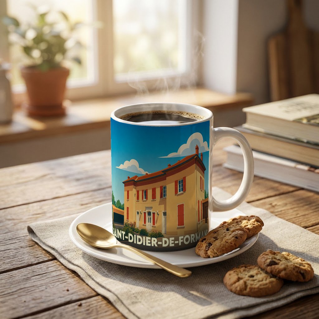 Mug souvenir de la ville de Saint-Didier-de-Formans orné d'une illustration stylisée de sa mairie.