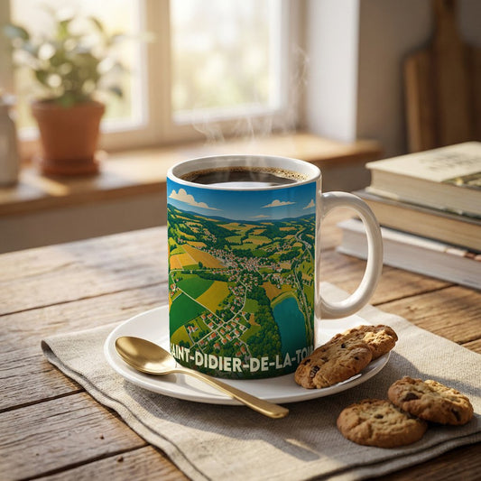 Mug souvenir de la ville de Saint-Didier-de-la-Tour avec une illustration aérienne et colorée de ses paysages.