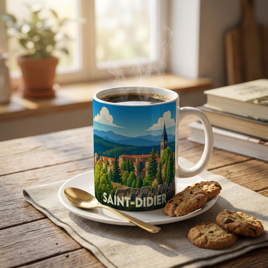 Mug souvenir de la ville de Saint-Didier orné d'une illustration stylisée de son paysage et de son église.