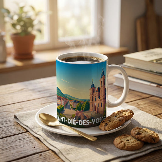 Mug souvenir de la ville de Saint-Dié-des-Vosges avec une illustration stylisée.