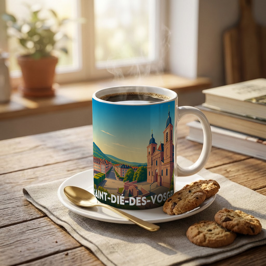 Mug souvenir de la ville de Saint-Dié-des-Vosges avec une illustration stylisée.