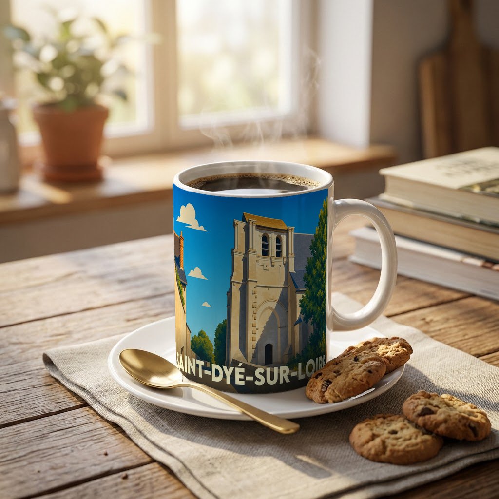 Mug souvenir de la ville de Saint-Dyé-sur-Loire avec une illustration stylisée de son église.
