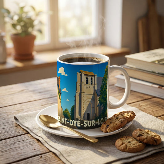 Mug souvenir de la ville de Saint-Dyé-sur-Loire avec une illustration stylisée de son église.