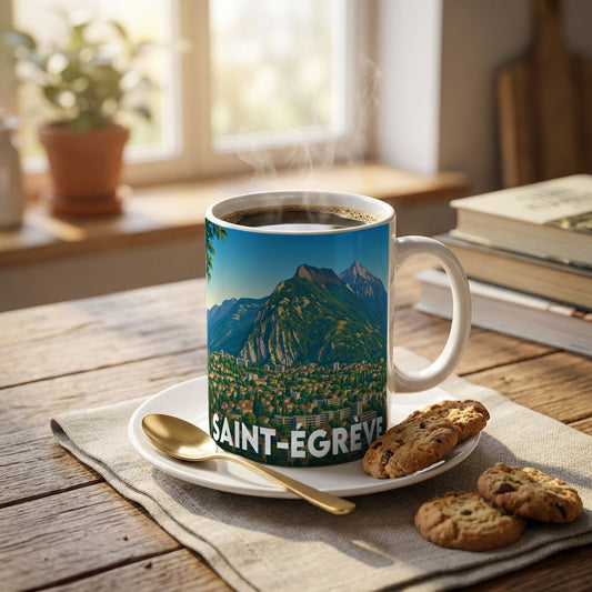 Mug souvenir de la ville de Saint-Égrève avec une illustration stylisée de son paysage montagneux.
