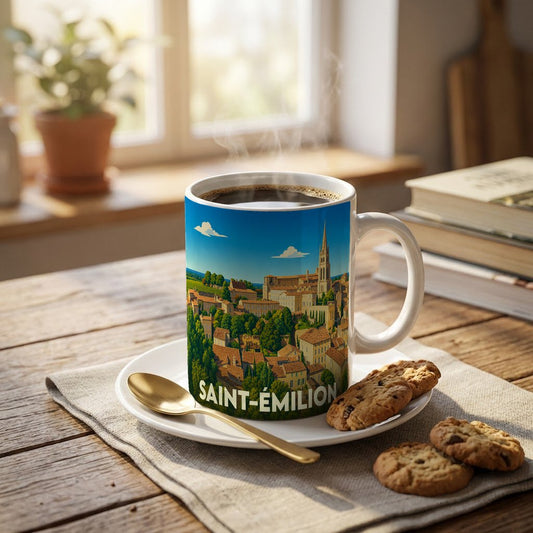 Mug souvenir de la ville de Saint-Émilion avec une illustration stylisée des toits et du clocher.
