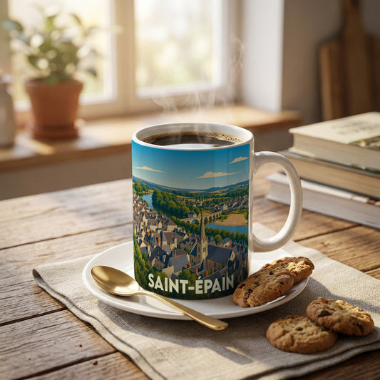Mug souvenir de la ville de Saint-Épain avec une illustration stylisée d'un paysage urbain au bord de l'eau.