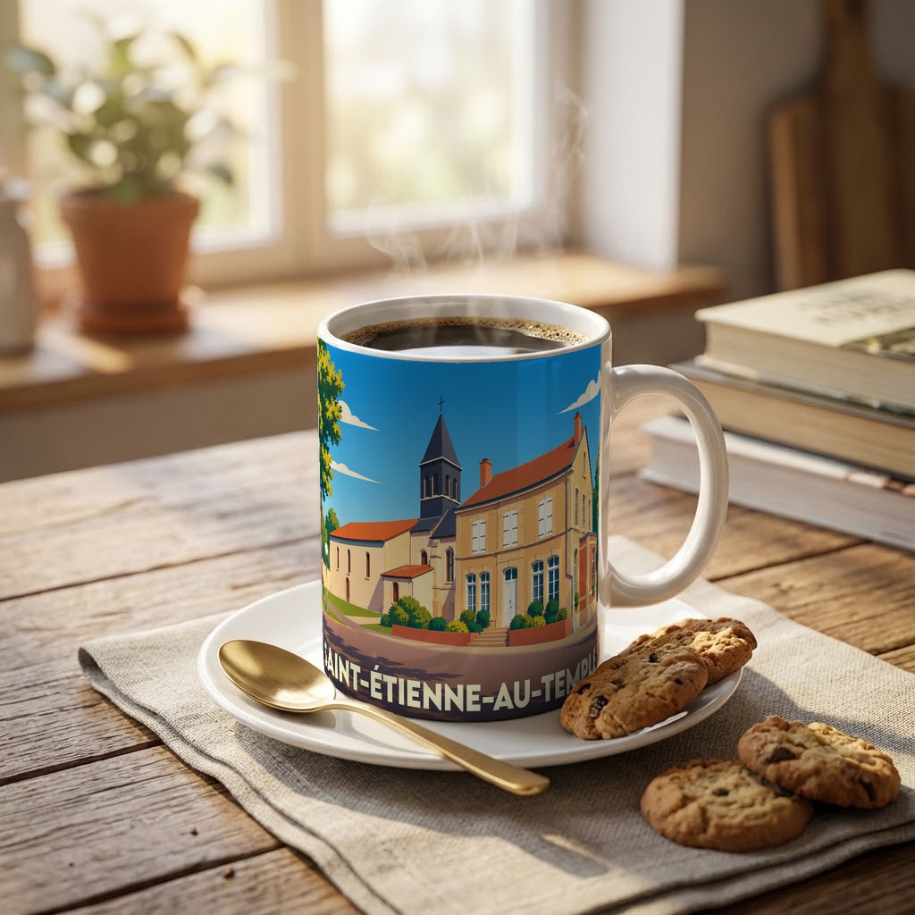 Mug souvenir de la ville de Saint-Étienne-au-Temple avec une illustration stylisée.
