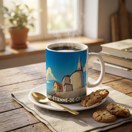 Mug souvenir de la ville de Saint-Étienne-de-Crossey avec une illustration stylisée de son église.