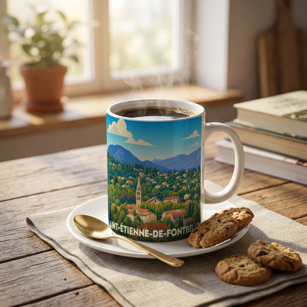 Mug souvenir de la ville de Saint-Étienne-de-Fontbellon avec une illustration panoramique stylisée.