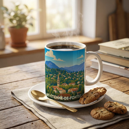Mug souvenir de la ville de Saint-Étienne-de-Fontbellon avec une illustration panoramique stylisée.