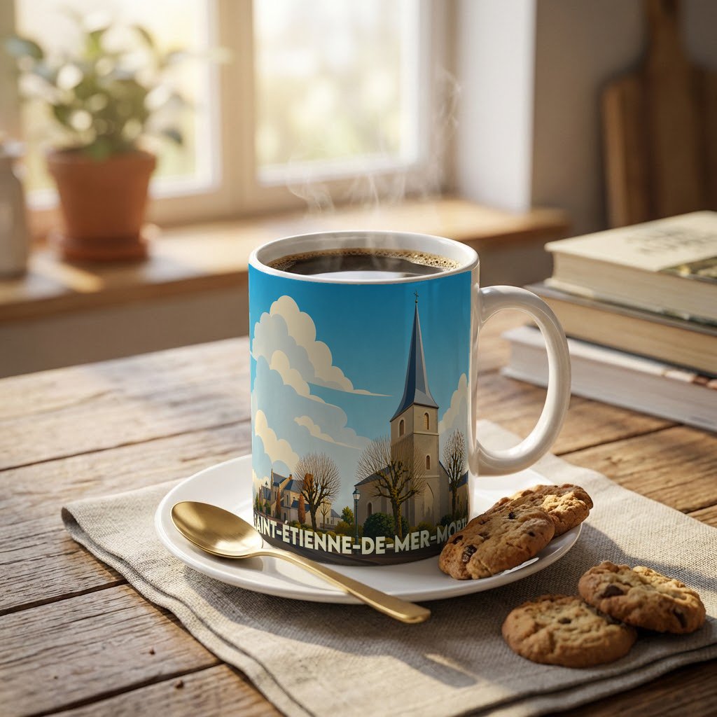 Mug souvenir de la ville de Saint-Étienne-de-Mer-Morte avec une illustration stylisée de son église.