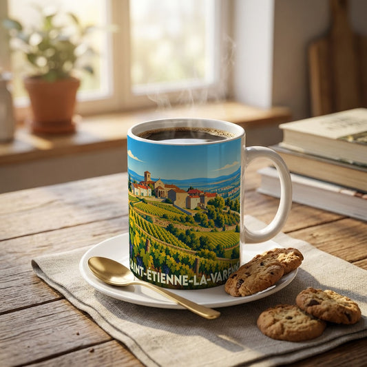 Mug souvenir de la ville de Saint-Étienne-la-Varenne avec une illustration stylisée de son paysage viticole.