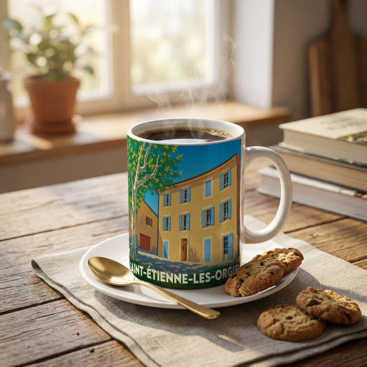 Mug souvenir de la ville de Saint-Étienne-les-Orgues avec une illustration stylisée d'un bâtiment provençal.