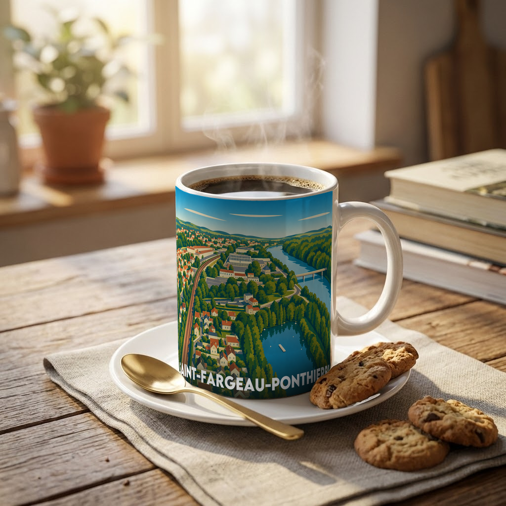 Mug souvenir de la ville de Saint-Fargeau-Ponthierry avec une illustration stylisée.