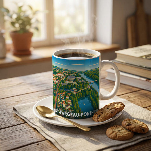 Mug souvenir de la ville de Saint-Fargeau-Ponthierry avec une illustration stylisée.
