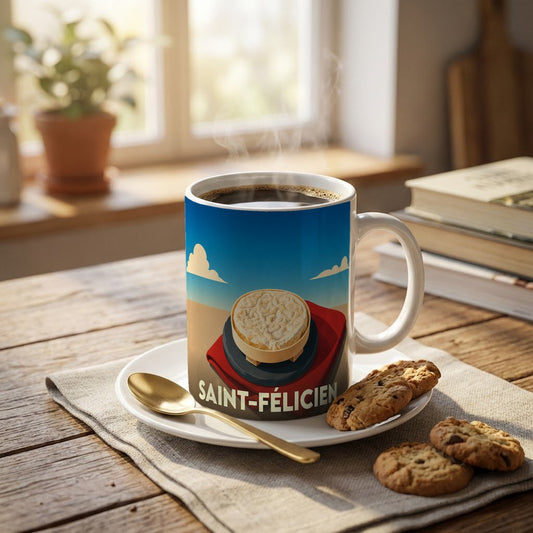 Mug souvenir de la ville de Saint-Félicien illustré d'un fromage typique sur un paysage ensoleillé.